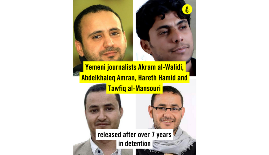Images of the four journalists with the inscription: Yemeni journalists Akram al-Walidi, Abdelkhaleq Amran, Hareth Hamid and Tawfiq al-Mansouri released after over 7 years in detention.