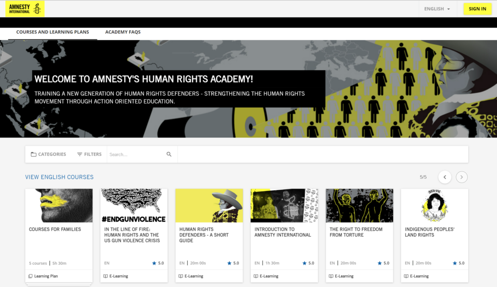 Amnesty International Human Rights Academy screenshot of home page