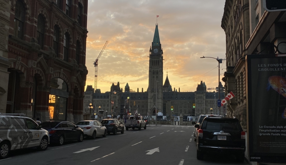 Parliament Hill in Ottawa, Ontario, Canada, at sunset.