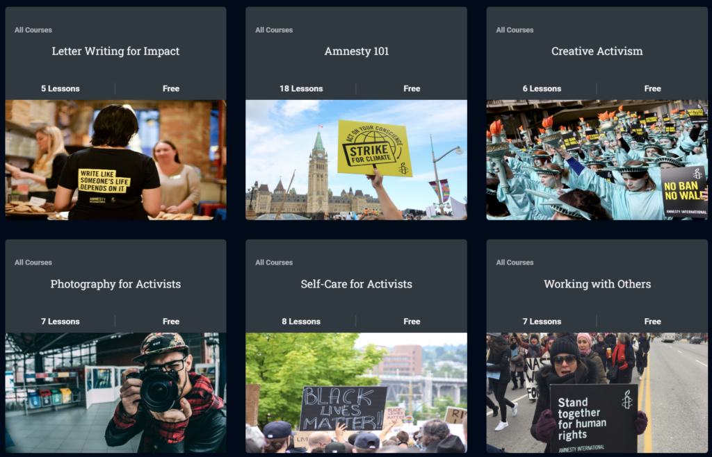 Amnesty Canada Online Learning Centre screenshot of home page
