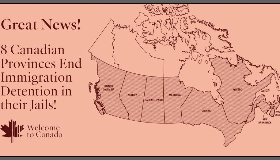 A graphic showing a map of Canada showing the eight provinces, the latest being Ontario, that have decided to cancel their immigration detention contracts with the Canada Border Services Agency.