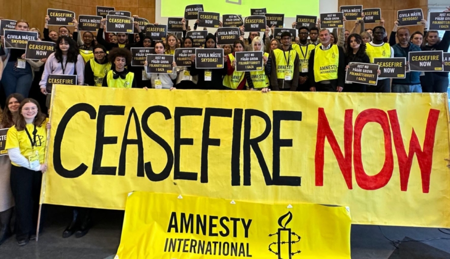 Amnesty International Sweden activists call for a ceasefire by all parties in Israel and the occupied Gaza Strip