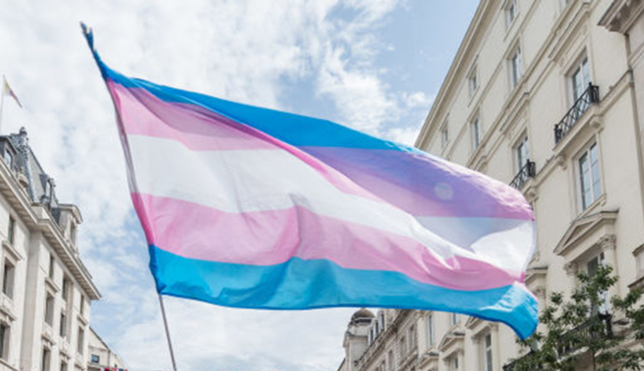 A flag representing trans pride featuring light blue, pink and white horizontal stripes