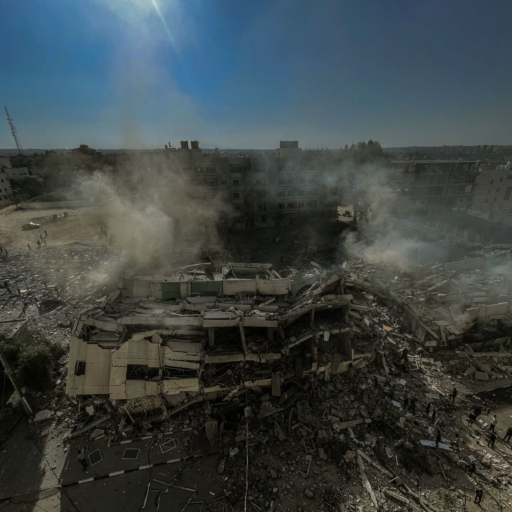 PHOTO CREDT A view of the debris from destroyed buildings in the al-Zahra neighborhood in the Gaza Strip on October 19, 2023, following Israeli airstrikes (Photo by MOHAMED MASRI/Middle East Images/AFP via Getty Images).