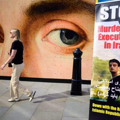 Signs criticising the Iranian Islamic Regime's use of the death penalty are seen in Trafalgar Square on September 16, 2023 in London, England. Photo by Leon Neal/Getty Images.