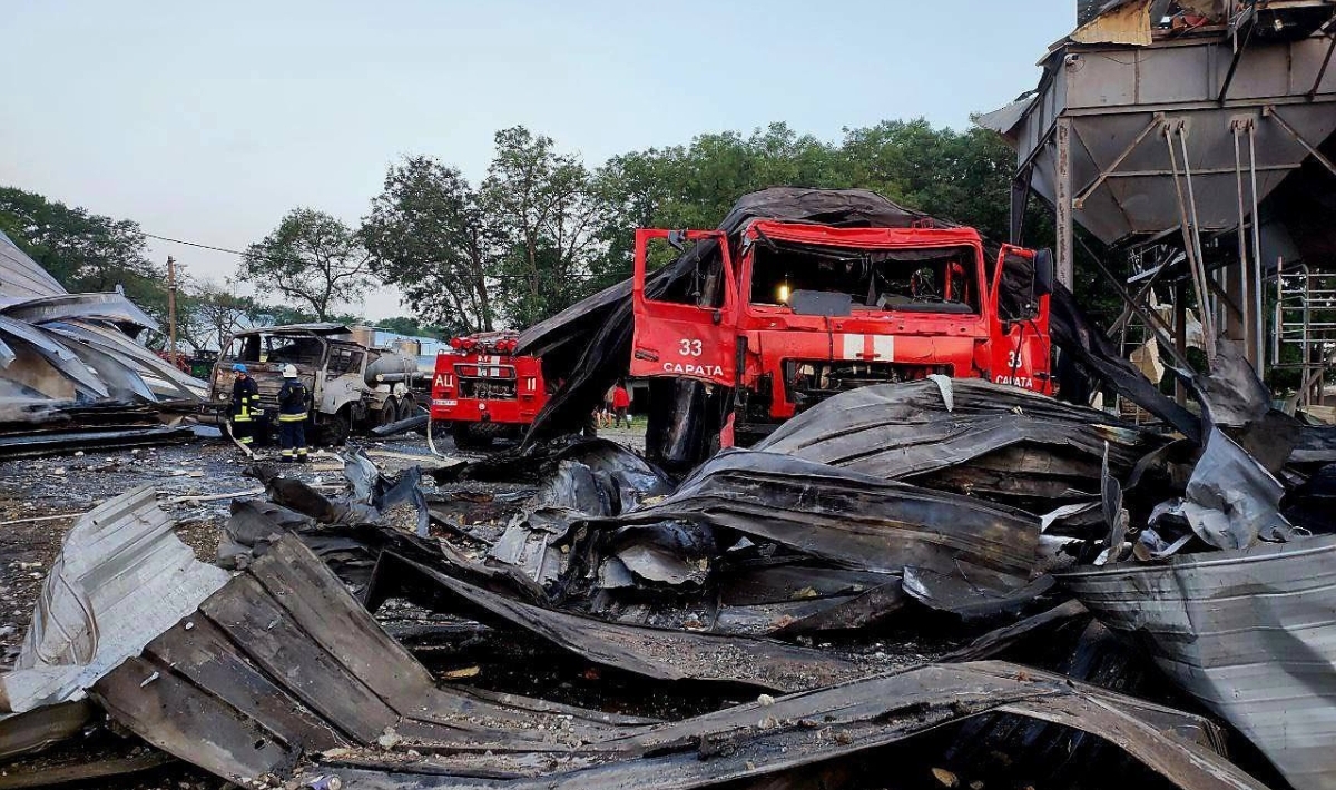 A fire truck is destroyed after Russian airstrike hits in Odesa, Ukraine on July 21, 2023. Two rockets hit the granaries destroying agricultural and rescue equipment, as well as 120 tons of food. (Photo by State Emergency Service of Ukraine / Handout/Anadolu Agency via Getty Images)